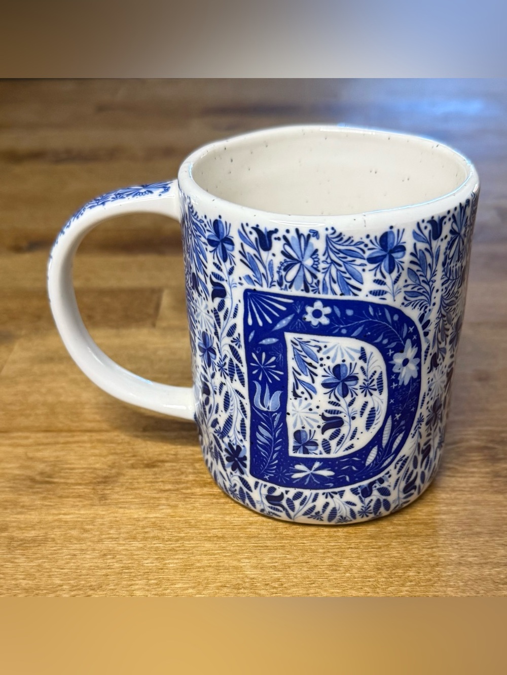 Anthropologie White Ceramic Mug with Blue Floral Letter D